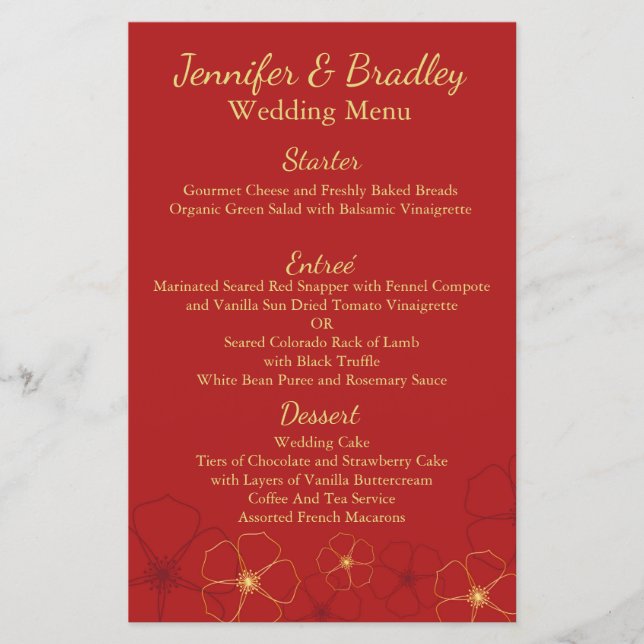 Rouge & Or Cerisier Fleurs Mariage Accueil Menu (Devant)