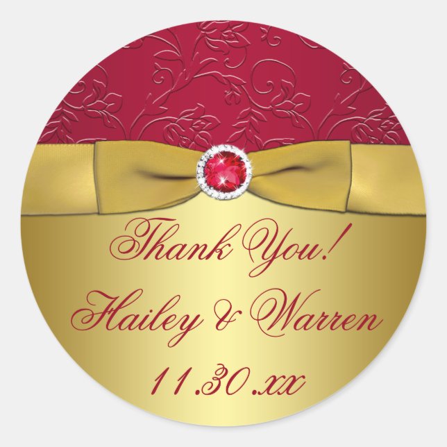 Rouge, Or Floral Mariage Favor Sticker Merci (Devant)