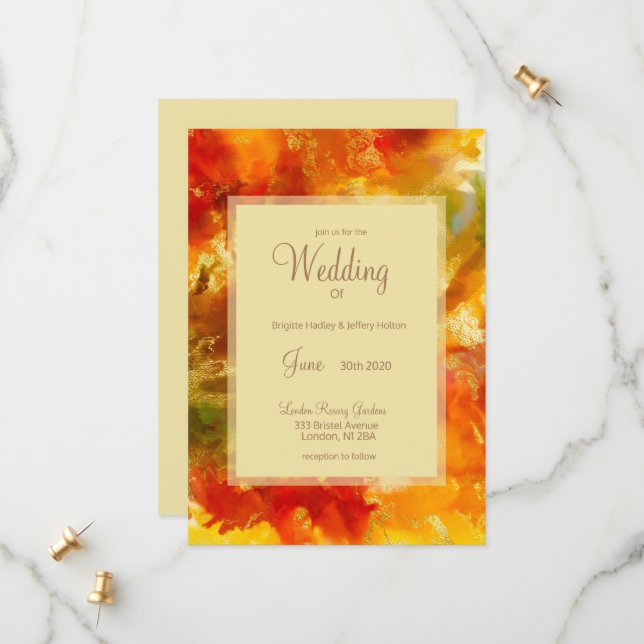 Rouge, or, orange, encre verte invitations de mari (Devant/Arrière en situation)