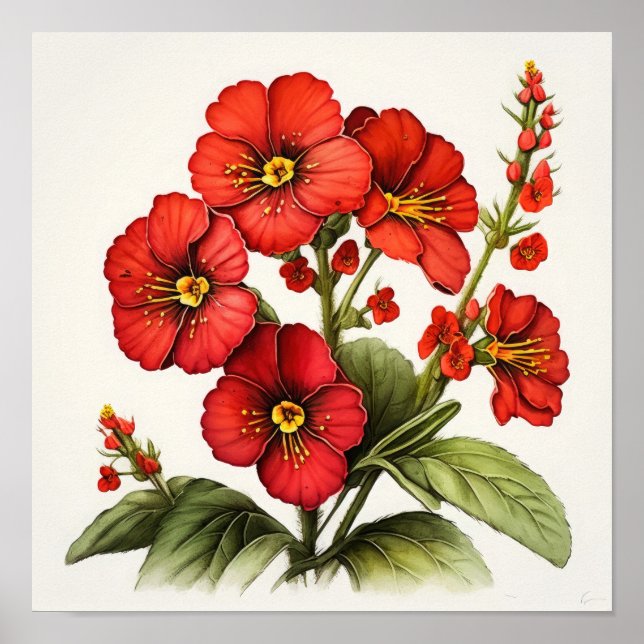 Rouge Primrose Fleurs Art Affiche d'impression (Devant)