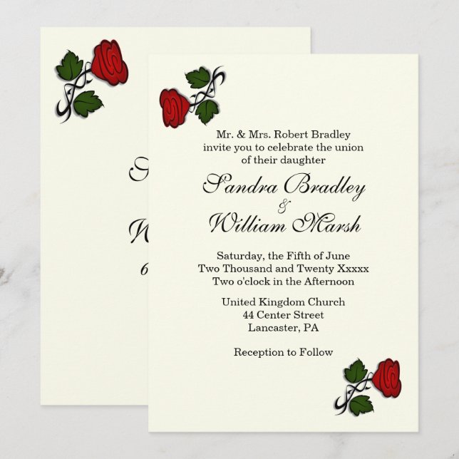 Rouge Rose ivoire Faire-part de mariage classique (Devant / Derrière)