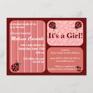 Rouge rose Ladybug Baby Shower Invitations Fille