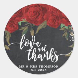 rouge roses boho amour et merci autocollant faveur