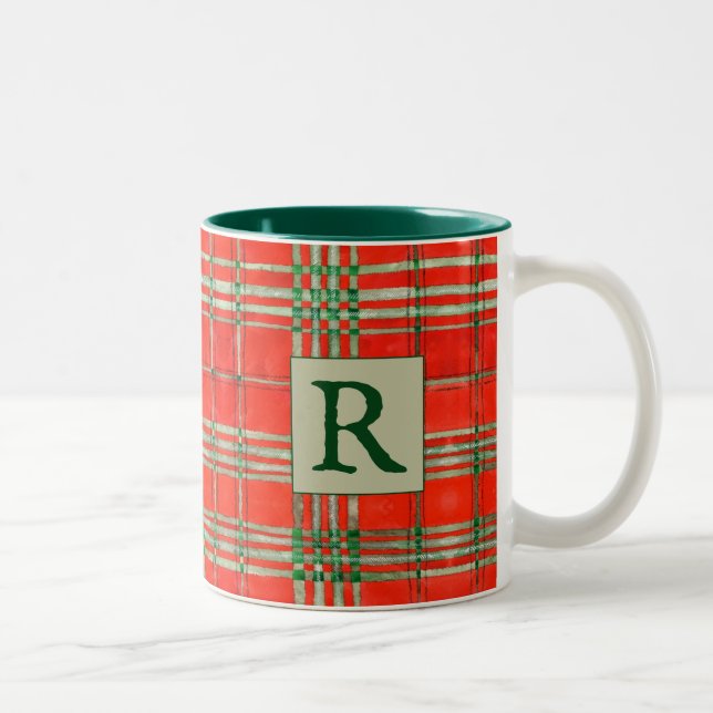 ROUGE SCOTT TARTAN Vert Mug à deux tons + Initiale (Droit)