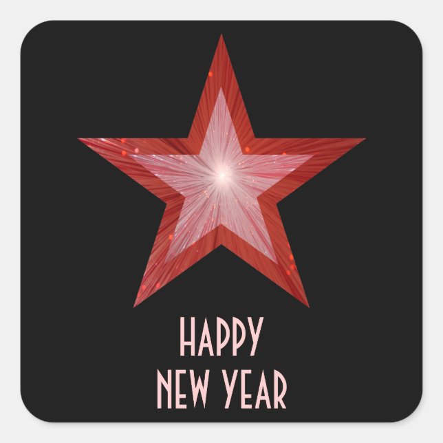 Rouge Star 'Bonne année' autocollant carré noir (Devant)
