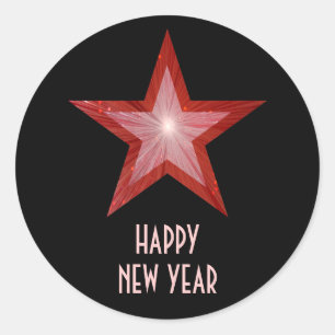 Rouge Star 'Bonne année' autocollant rond noir