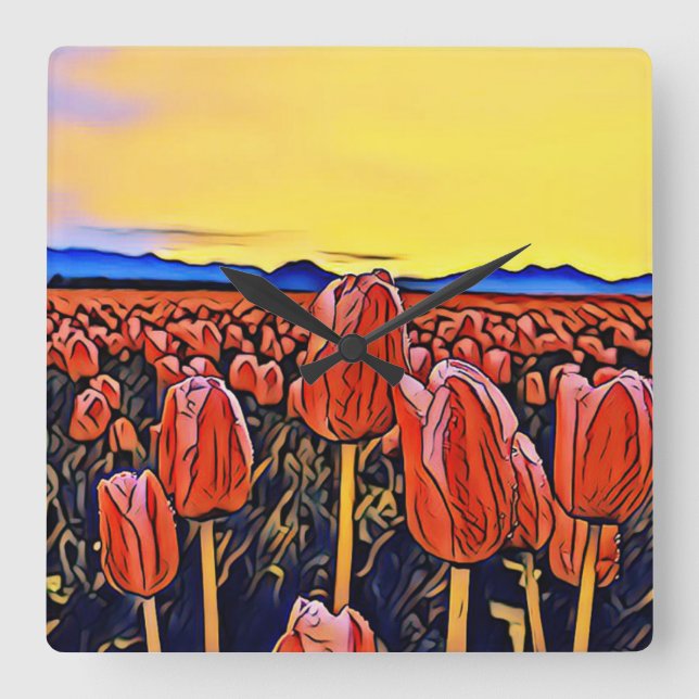 Rouge Tulipe Champ Peinture Acrylique Mur Horloge (Recto)