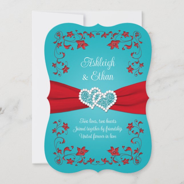 Rouge, Turquoise Love Hearts Faire-part de mariage (Devant)