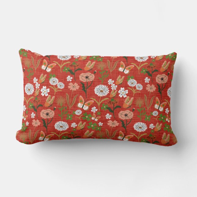Rough Bamboo Floral Butterfly Kleeblatts in Red Lendenkissen (Vorderseite)