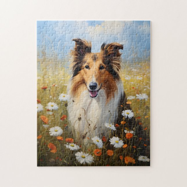 Rough Collie auf dem Gebiet der Blume (Vertikal)