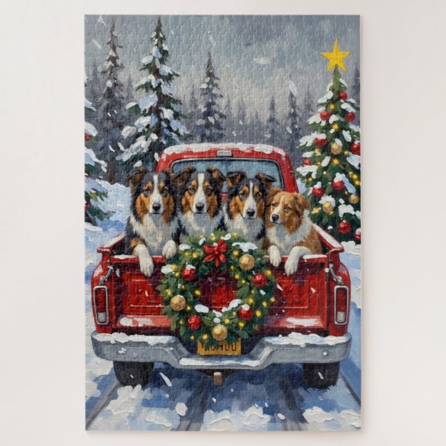 Rough Collie Christmas Red Truck Holiday (Vertikal)