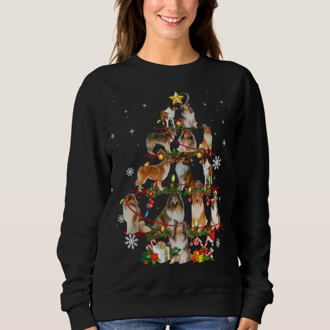 Rough Collie Christmas Tree Lights Funny Dog Xmas Sweatshirt (Vorderseite)