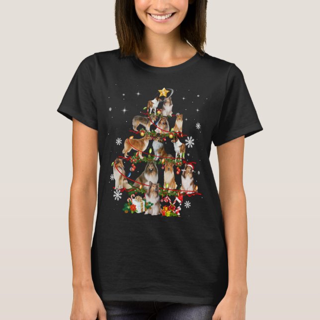 Rough Collie Christmas Tree Lights Sweater Dog T-Shirt (Vorderseite)