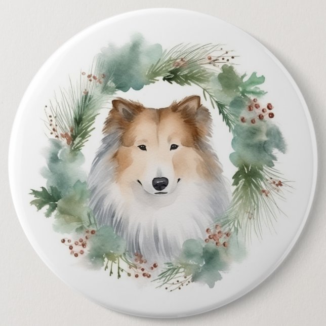 Rough Collie Christmas Wreath Button (Vorderseite)