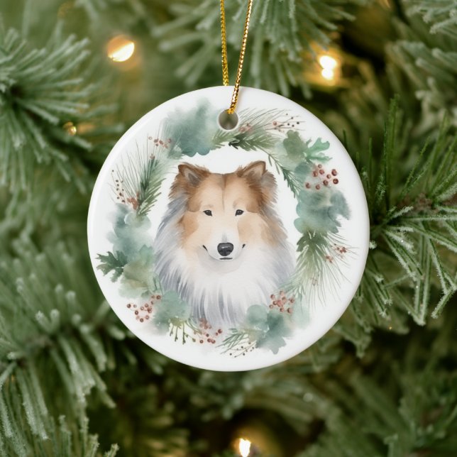 Rough Collie Christmas Wreath Keramik Ornament (Baum)