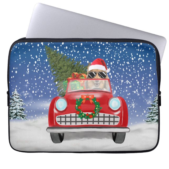 Rough Collie Dog Autofahren Auto in Schnee Weihnac Laptopschutzhülle (Vorderseite)