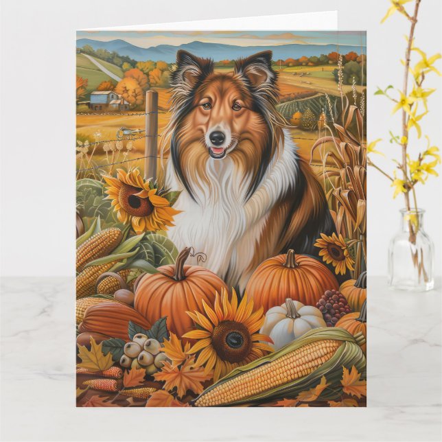 Rough Collie Dog Autumn Harvest Erntedank Karte (Gelbe Blume)