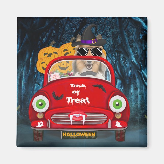 Rough Collie Dog Driving Car Beängstigend Hallowee Magnet (Vorne)