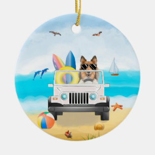  rough collie dog Driving on Beach  Keramik Ornament