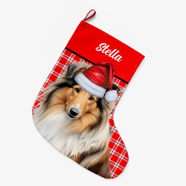 Rough Collie Dog Holiday Red Kariert Personalisier Großer Weihnachtsstrumpf (Vorderansicht (hängend))