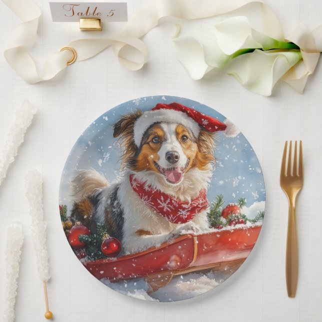 Rough Collie Dog in Sledge Let it Snow Christmas Pappteller (Hochzeit)