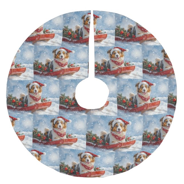 Rough Collie Dog in Sledge Let it Snow Christmas Polyester Weihnachtsbaumdecke (Vorderseite)