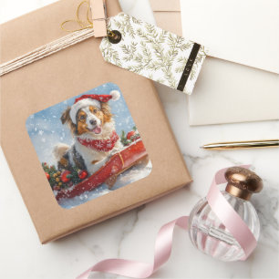 Rough Collie Dog in Sledge Let it Snow Christmas Quadratischer Aufkleber