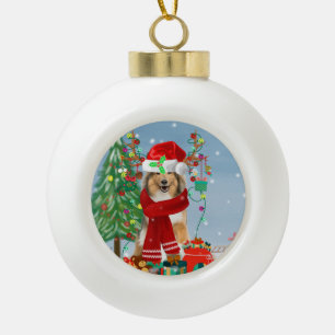 Rough Collie Dog in Snow Christmas Gift Keramik Kugel-Ornament
