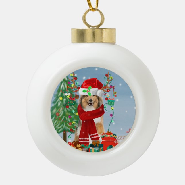 Rough Collie Dog in Snow Christmas Gift Keramik Kugel-Ornament (Vorderseite)
