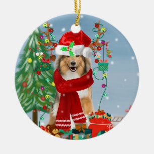 Rough Collie Dog in Snow Christmas Gift   Keramik Ornament