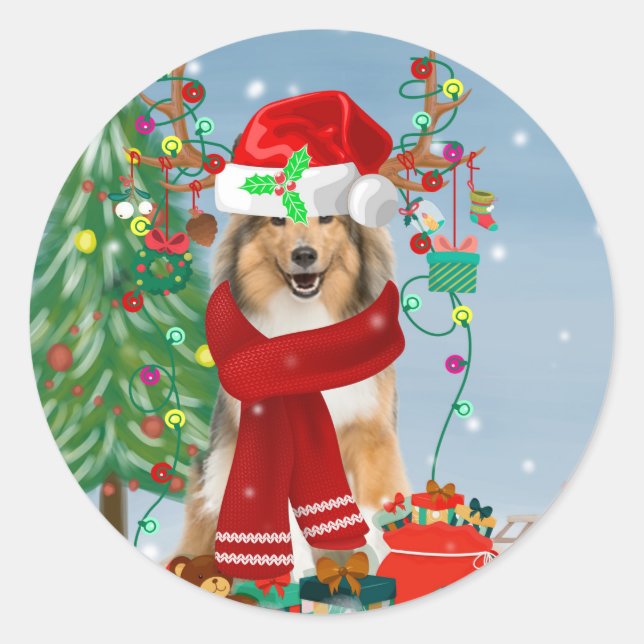 Rough Collie Dog in Snow Christmas Gift Runder Aufkleber (Vorderseite)