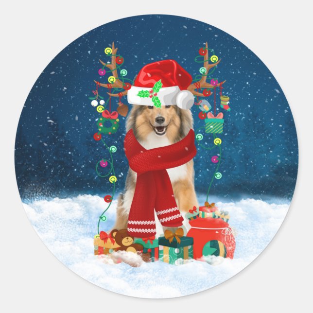 Rough Collie Dog in Snow mit Weihnachtsgeschenken Runder Aufkleber (Vorderseite)