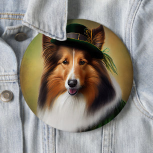 Rough Collie Dog in St. Patrick's Day Dress Button