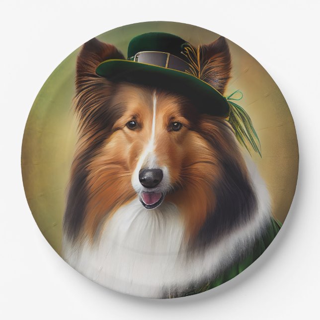 Rough Collie Dog in St. Patrick's Day Dress Pappteller (Vorderseite)