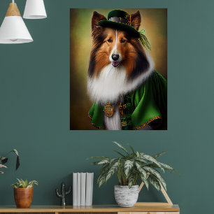 Rough Collie Dog in St. Patrick's Day Dress Poster