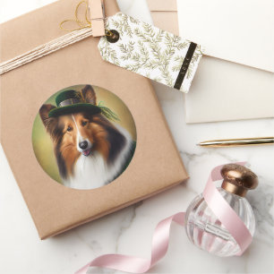 Rough Collie Dog in St. Patrick's Day Dress Runder Aufkleber