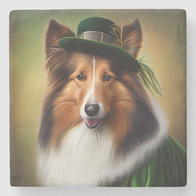 Rough Collie Dog in St. Patrick's Day Dress Steinuntersetzer (Vorderseite)