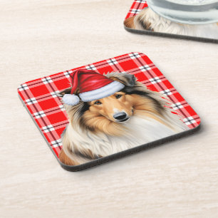 Rough Collie Dog mit Red Holiday Karierte Weihnach Getränkeuntersetzer