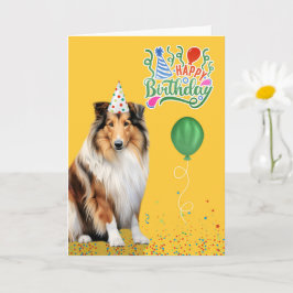 Rough Collie Dog Party Hat Yellow Birthday Karte