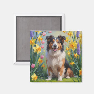 Rough Collie Dog Spring Flowers Malerei Magnet