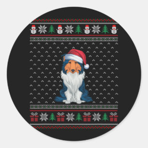 Rough Collie Dog Weihnachtsmannmütze Ugly Xmas Dog Runder Aufkleber