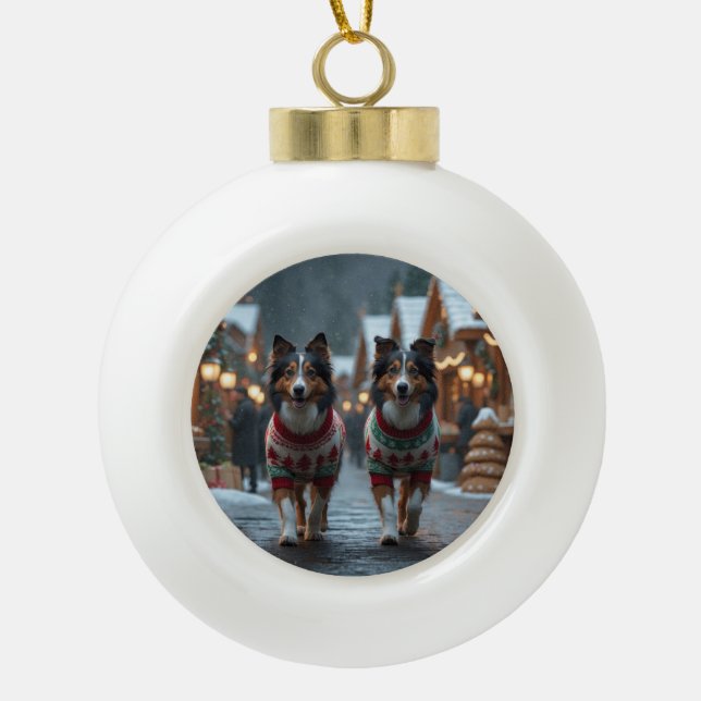 Rough Collie Dogs Christmas Snow Holiday Keramik Kugel-Ornament (Vorderseite)