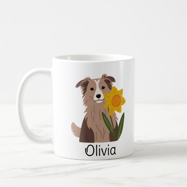 Rough Collie Hund mit Daffodil-Blume personalisier Kaffeetasse (Links)