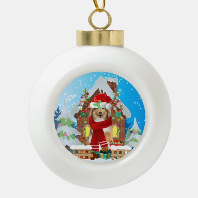 Rough Collie Hund mit Weihnachtsgeschenken Keramik Kugel-Ornament (Vorderseite)
