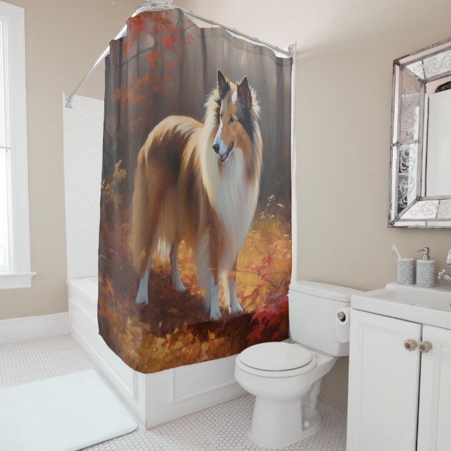 Rough Collie im Herbst Leaves Fall Inspiriert Duschvorhang (Beispiel)