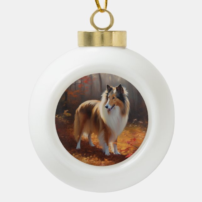 Rough Collie im Herbst Leaves Fall Inspiriert Keramik Kugel-Ornament (Vorderseite)