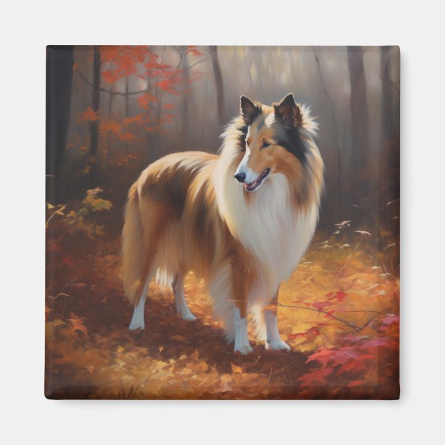 Rough Collie im Herbst Leaves Fall Inspiriert Magnet (Vorne)