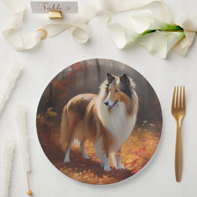 Rough Collie im Herbst Leaves Fall Inspiriert Pappteller (Hochzeit)