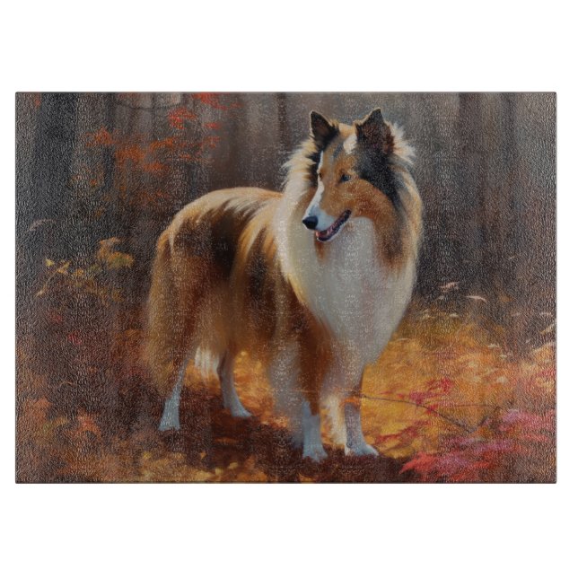 Rough Collie im Herbst Leaves Fall Inspiriert Schneidebrett (Vorderseite)