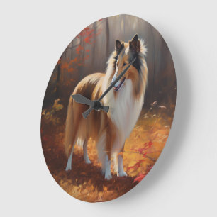 Rough Collie im Herbstlaubfall inspiriert Große Wanduhr